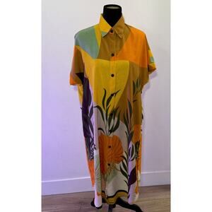 C&V Midi Shirt Dress Button-Down Gold Leaf Boho Casual